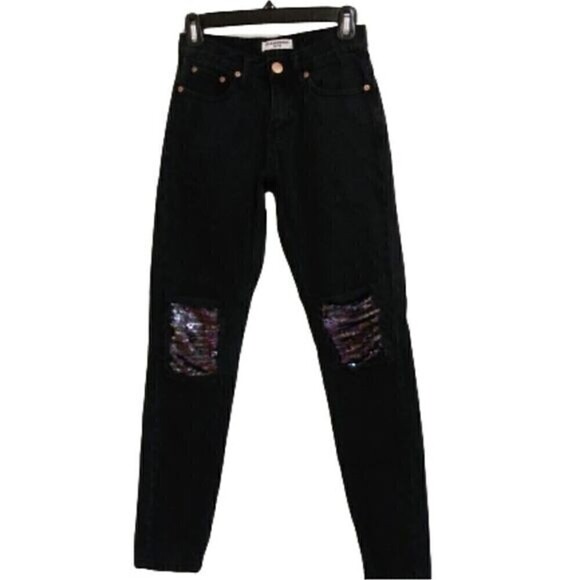 Glamorous High Waist Sequin Patch Distressed Skinny Jeans 4 Petite - Picture 1 of 14